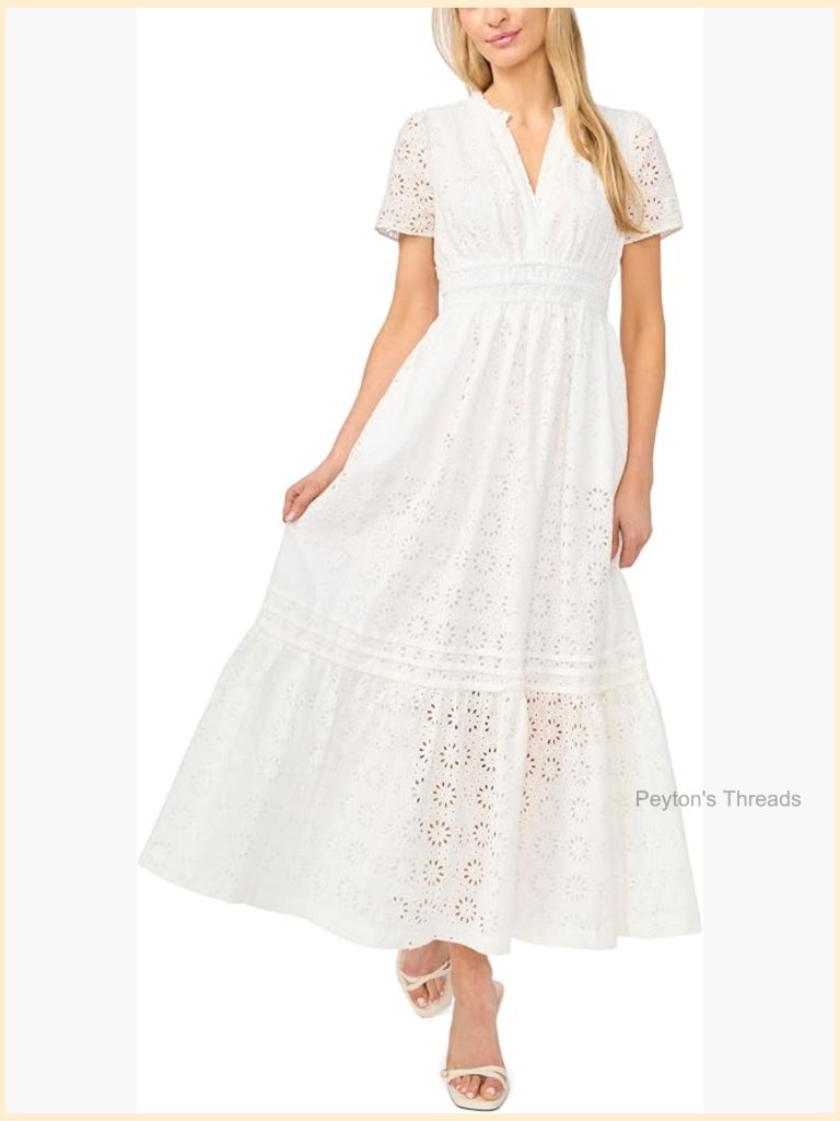 Eyelet Short Sleeve Elastic Waist Maxi Dress